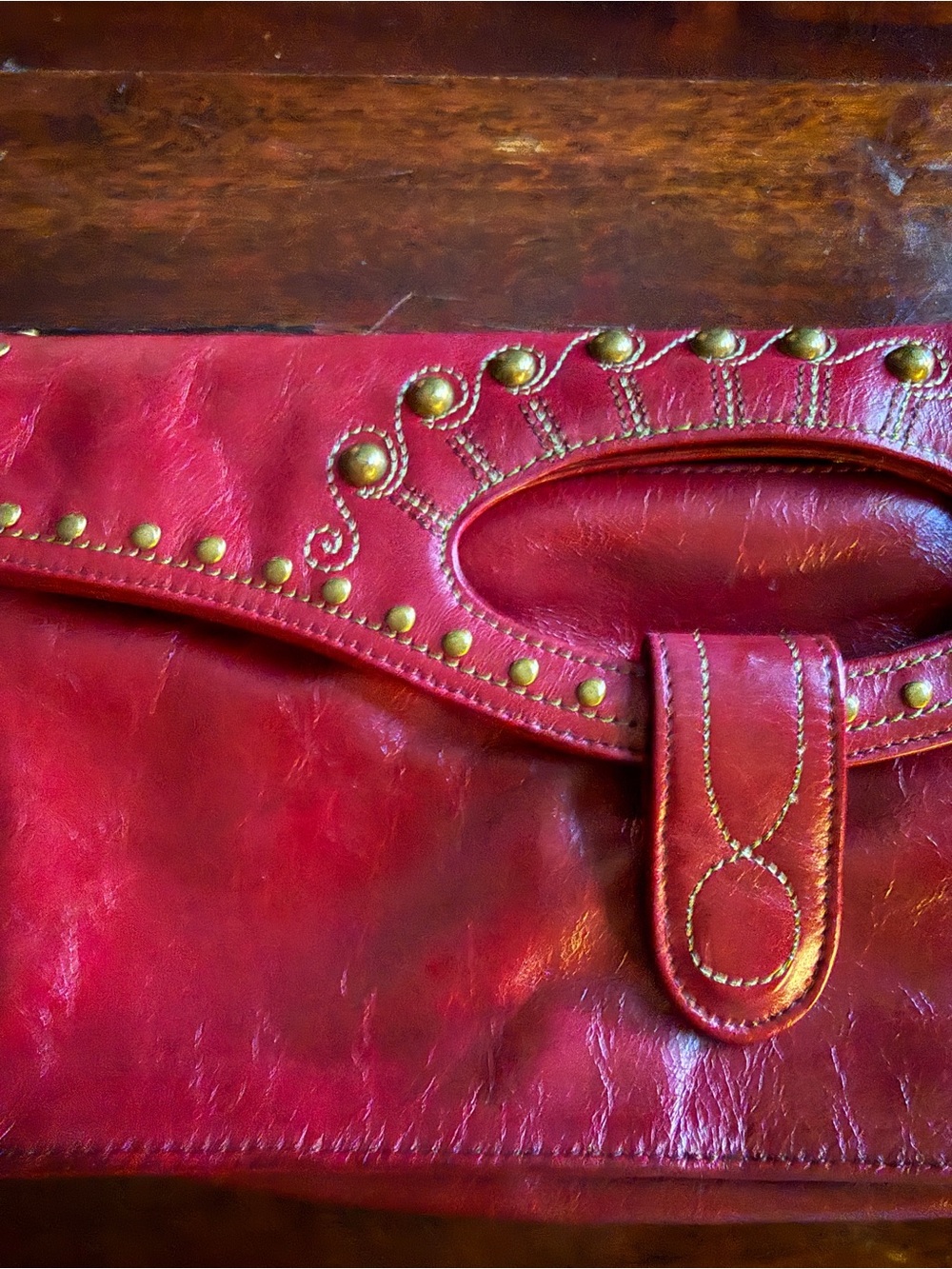 Red, Western  Leather Studded Handheld Clutch HOBO International - Picture 2 of 6